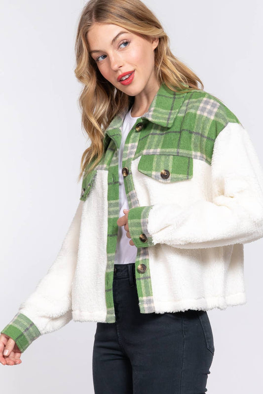 .....0819 Button Down Plaid Contrast Faux Fur Jacket SI-25106
