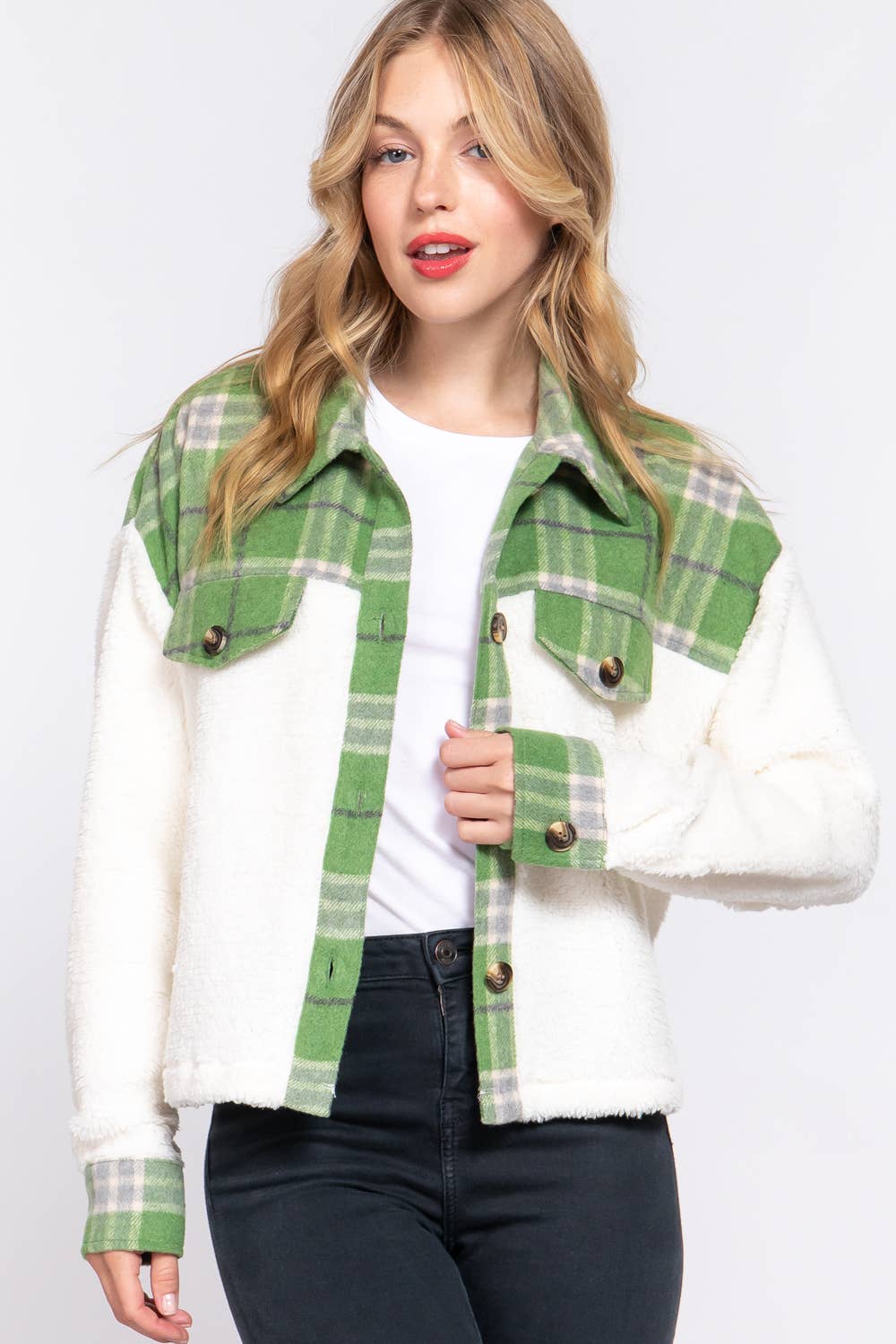 .....0819 Button Down Plaid Contrast Faux Fur Jacket SI-25106