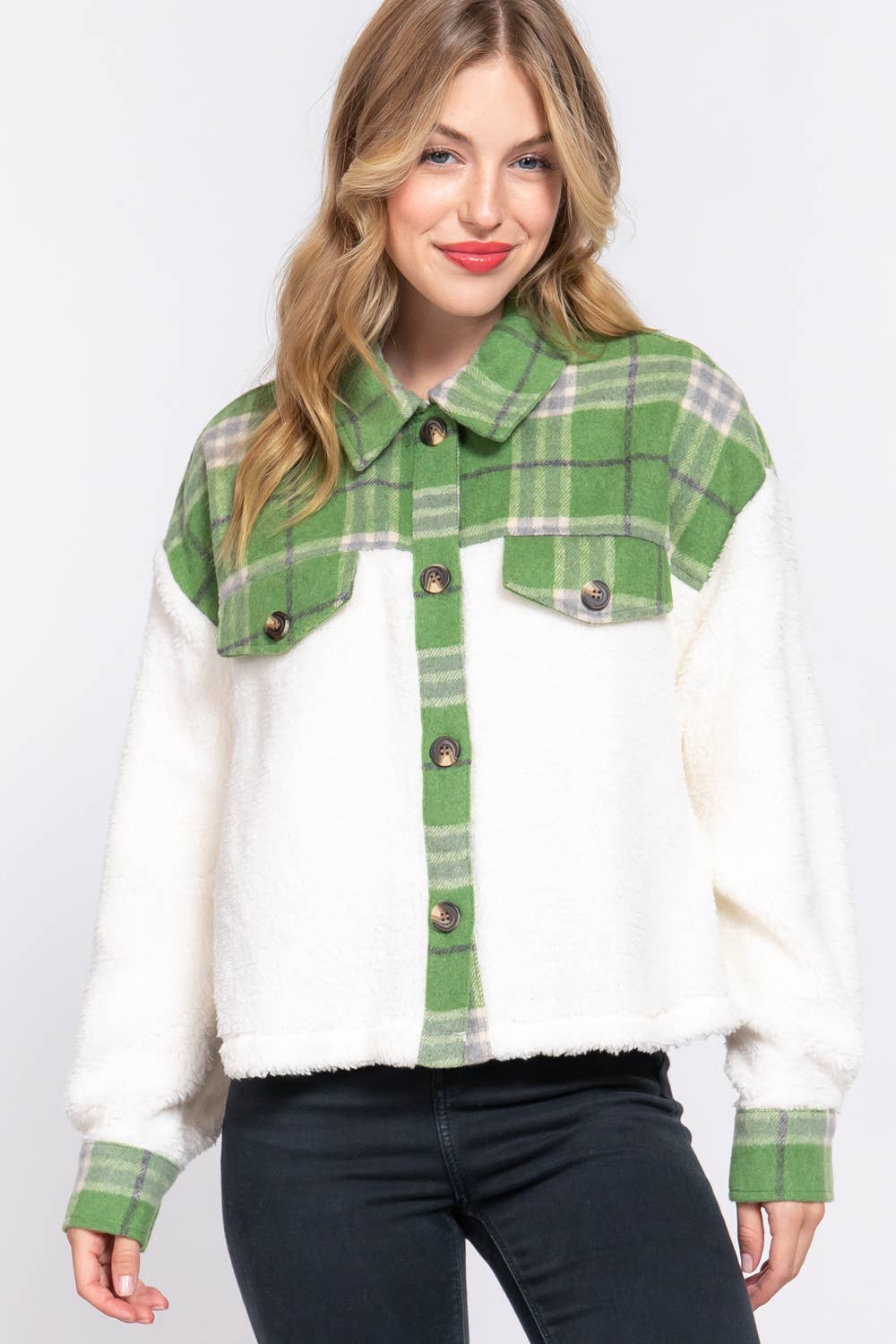 .....0819 Button Down Plaid Contrast Faux Fur Jacket SI-25106