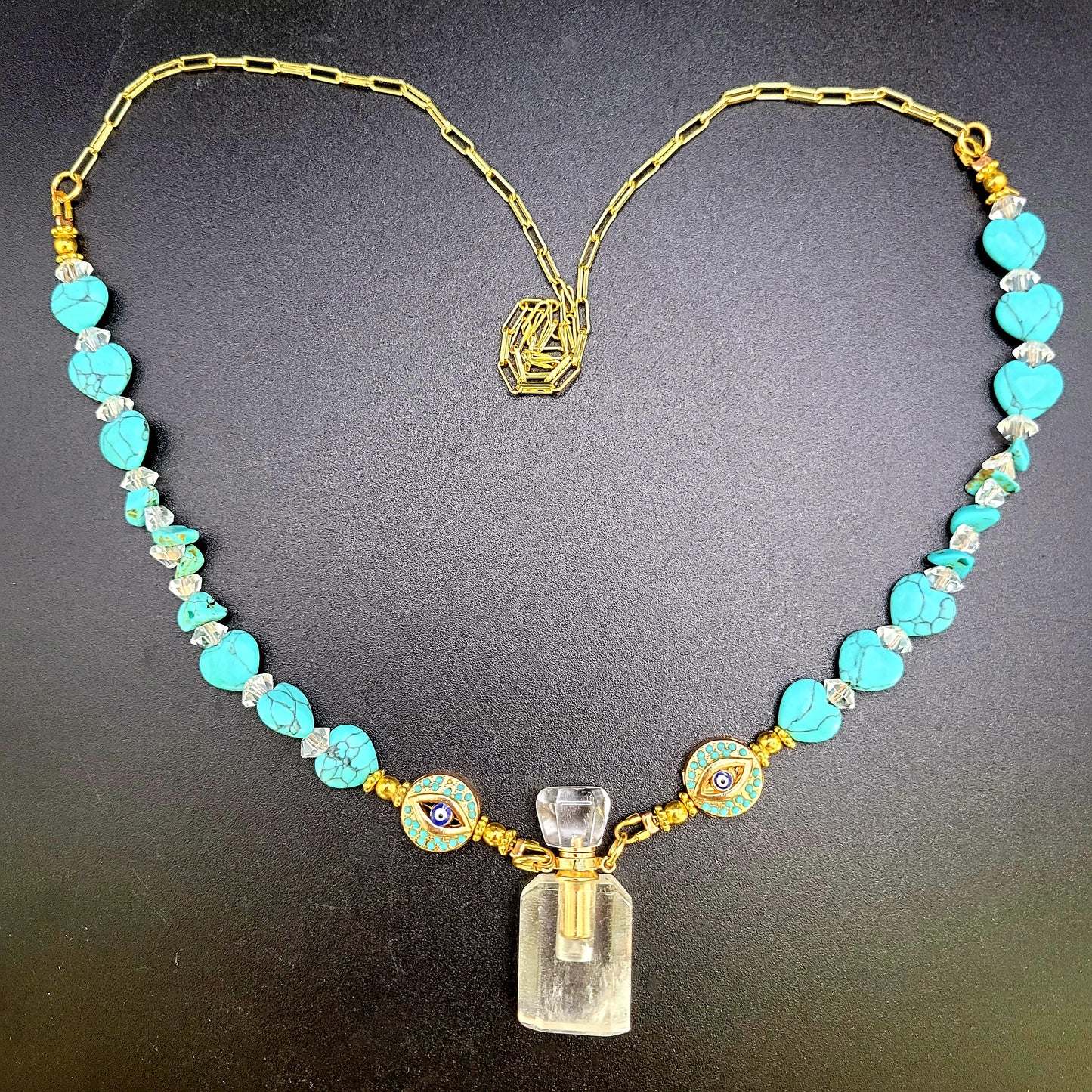 Turquoise heart, evil eye. Gold paperclip chain crystal essential oil bottle necklace