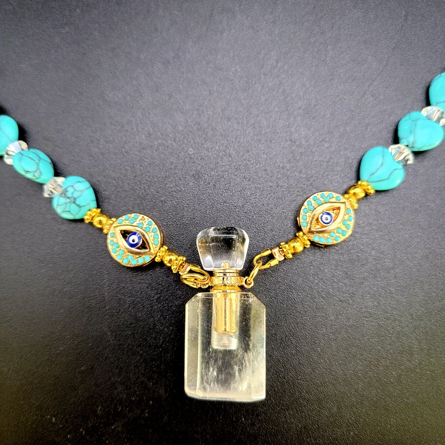 Turquoise heart, evil eye. Gold paperclip chain crystal essential oil bottle necklace