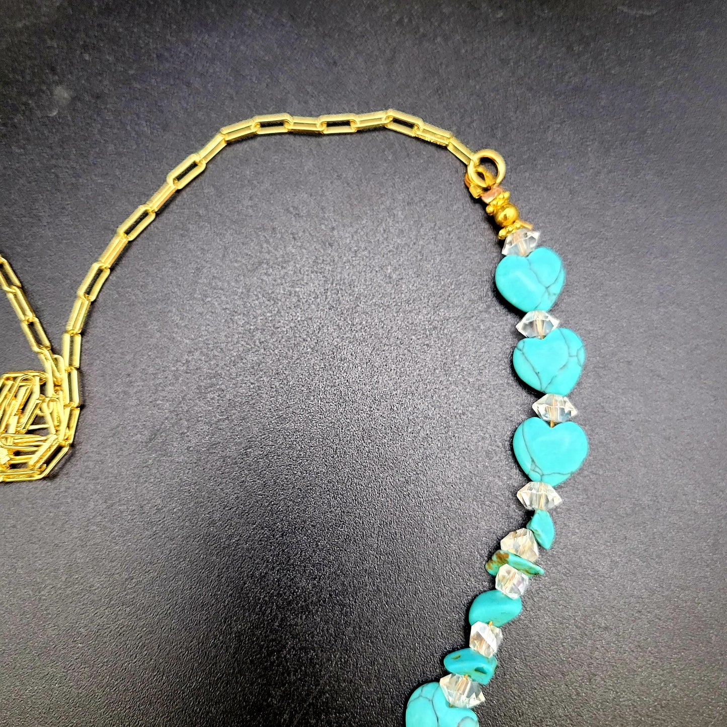 Turquoise heart, evil eye. Gold paperclip chain crystal essential oil bottle necklace