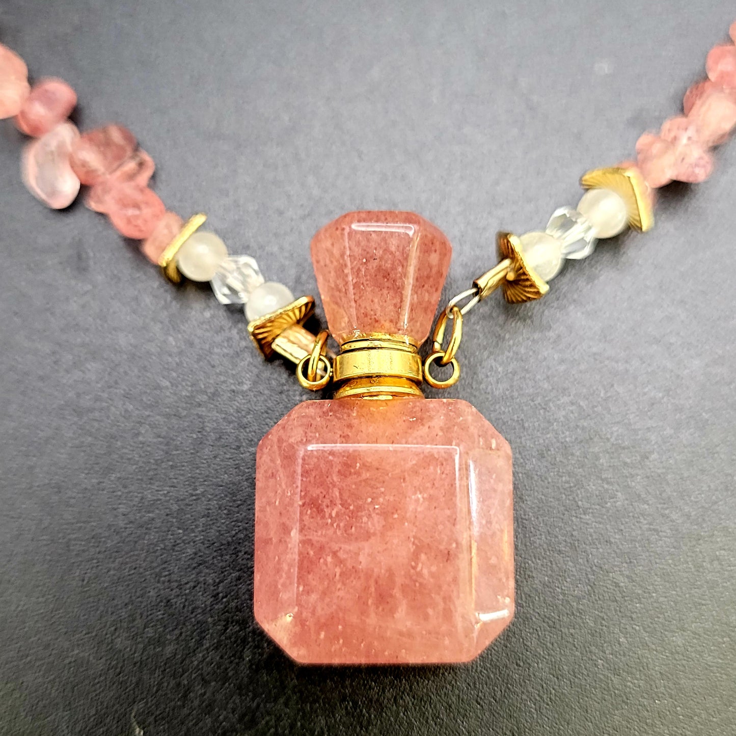 Strawberry quartz & Selenite essential oil bottle necklace