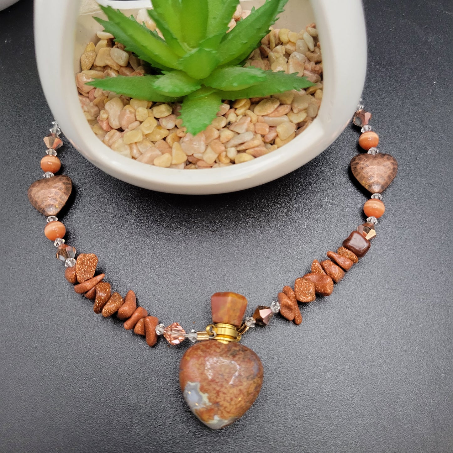 Goldstone, Cooper Heart beads, & Red Jasper Essential Oil Bottle