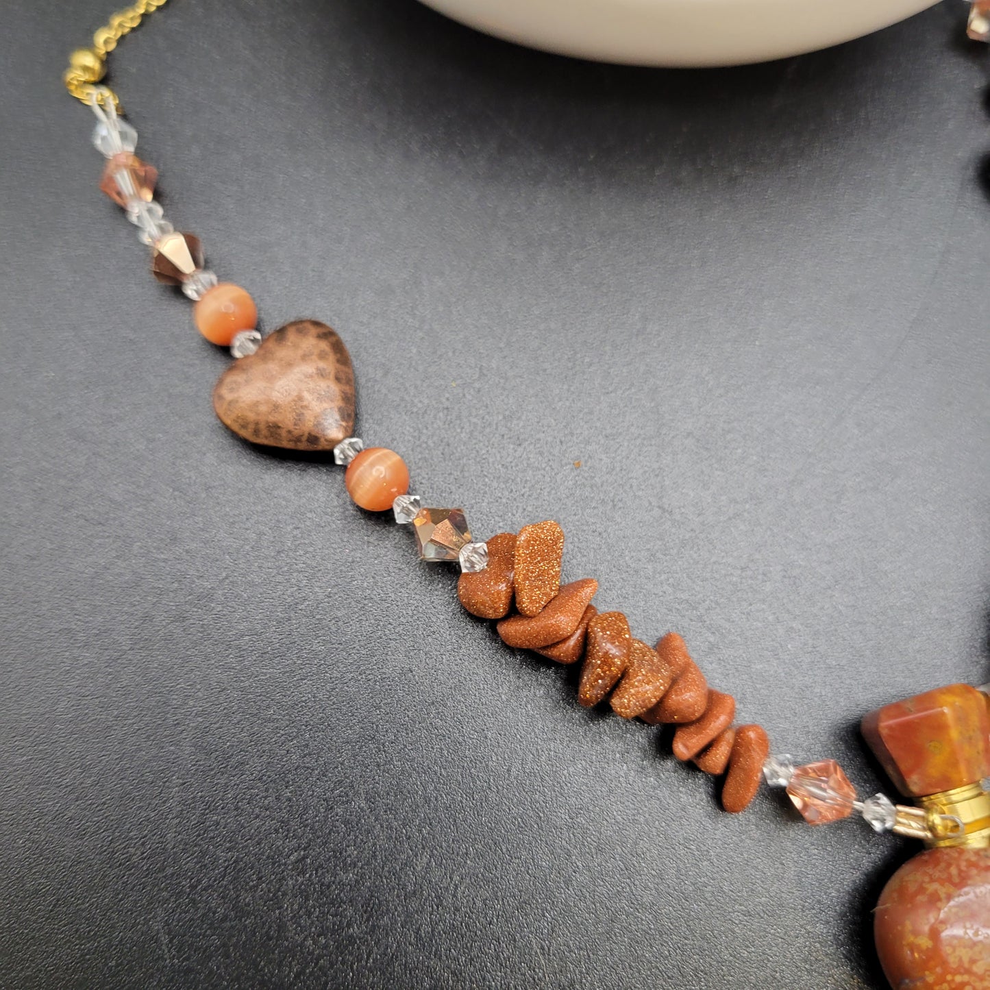 Goldstone, Cooper Heart beads, & Red Jasper Essential Oil Bottle