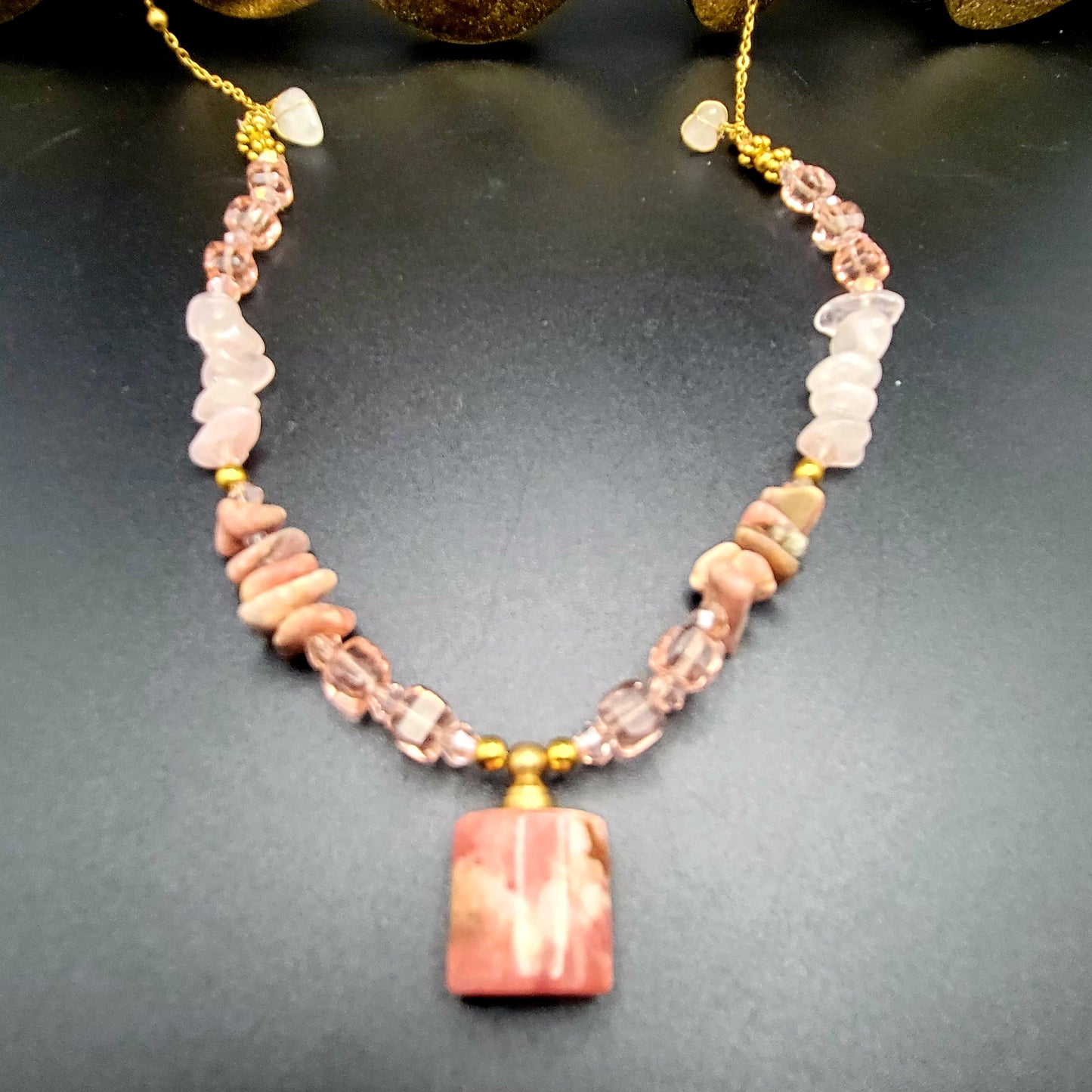 Rhodacrosite & Rose Quartz essential oil bottle necklace