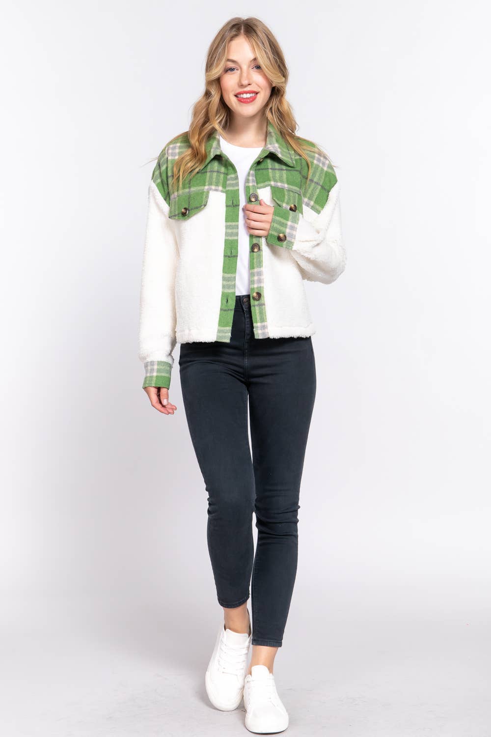 .....0819 Button Down Plaid Contrast Faux Fur Jacket SI-25106