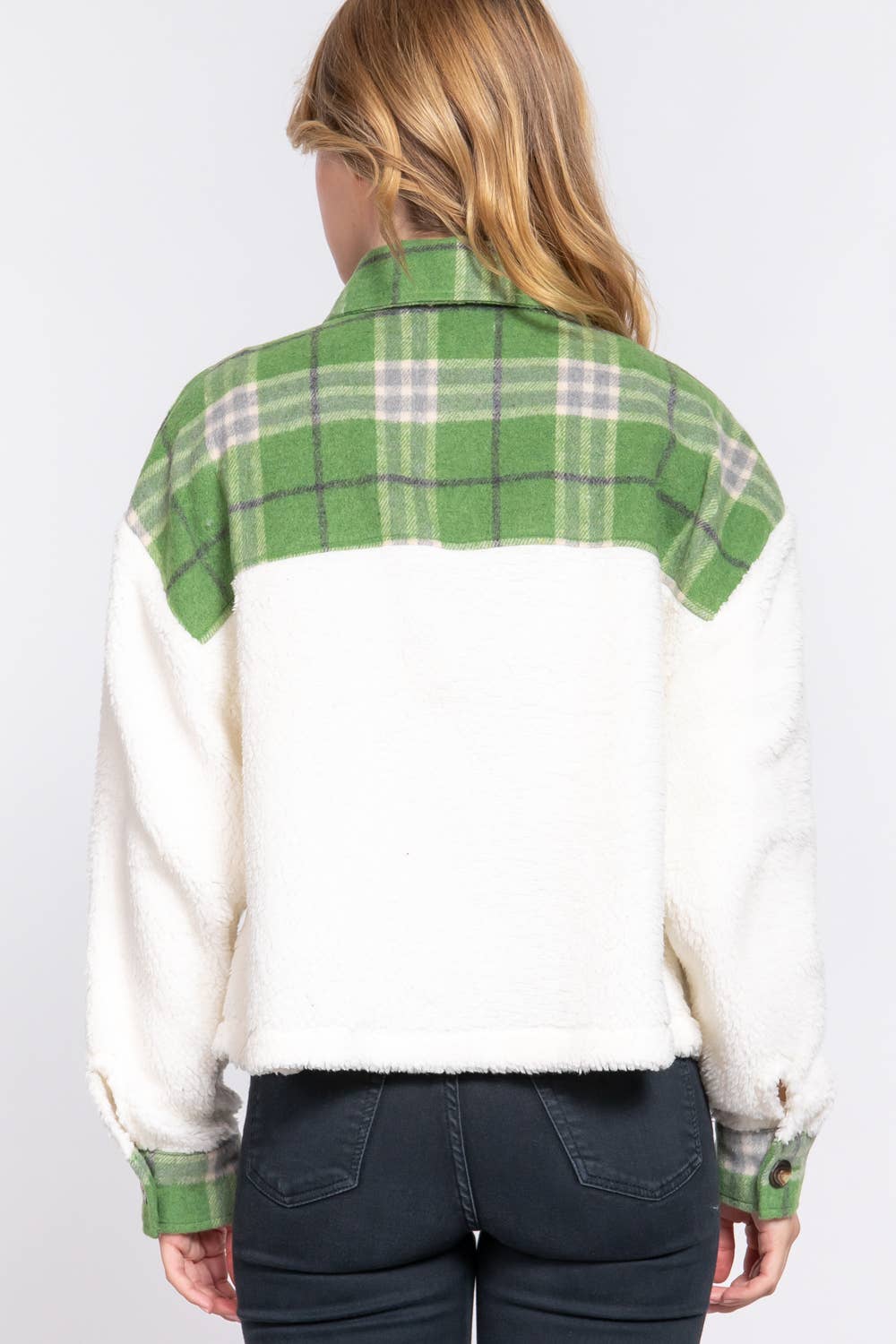 .....0819 Button Down Plaid Contrast Faux Fur Jacket SI-25106